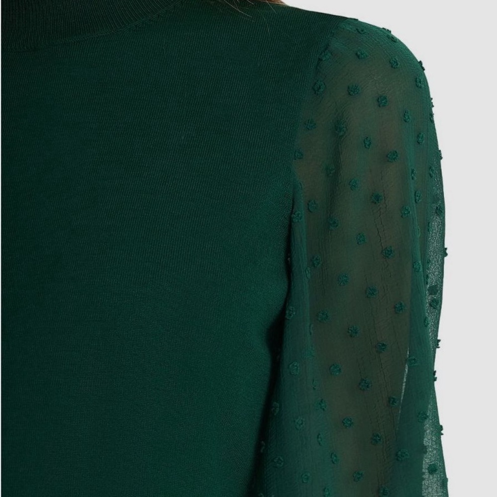🍁CeCe Green Sweater with Sheer Swiss Dot Sleeves - Picture 3 of 6
